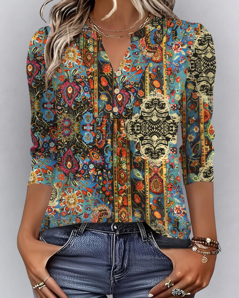 Isla Women’s Boho Blouse – V-Neck 3/4 Sleeve Pleated Casual Summer Top
