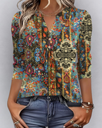 Isla Women’s Boho Blouse – V-Neck 3/4 Sleeve Pleated Casual Summer Top