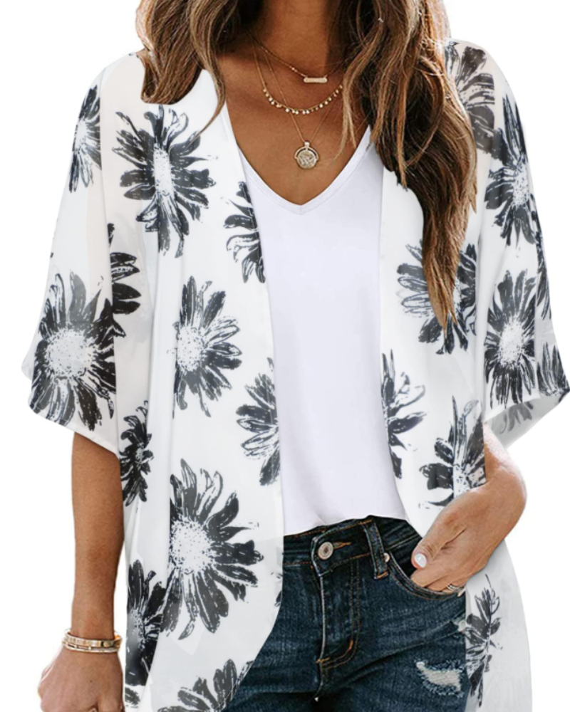 Lauren Women's Floral Kimono Cardigan – Lightweight Chiffon Open Front Beach Cover-Up