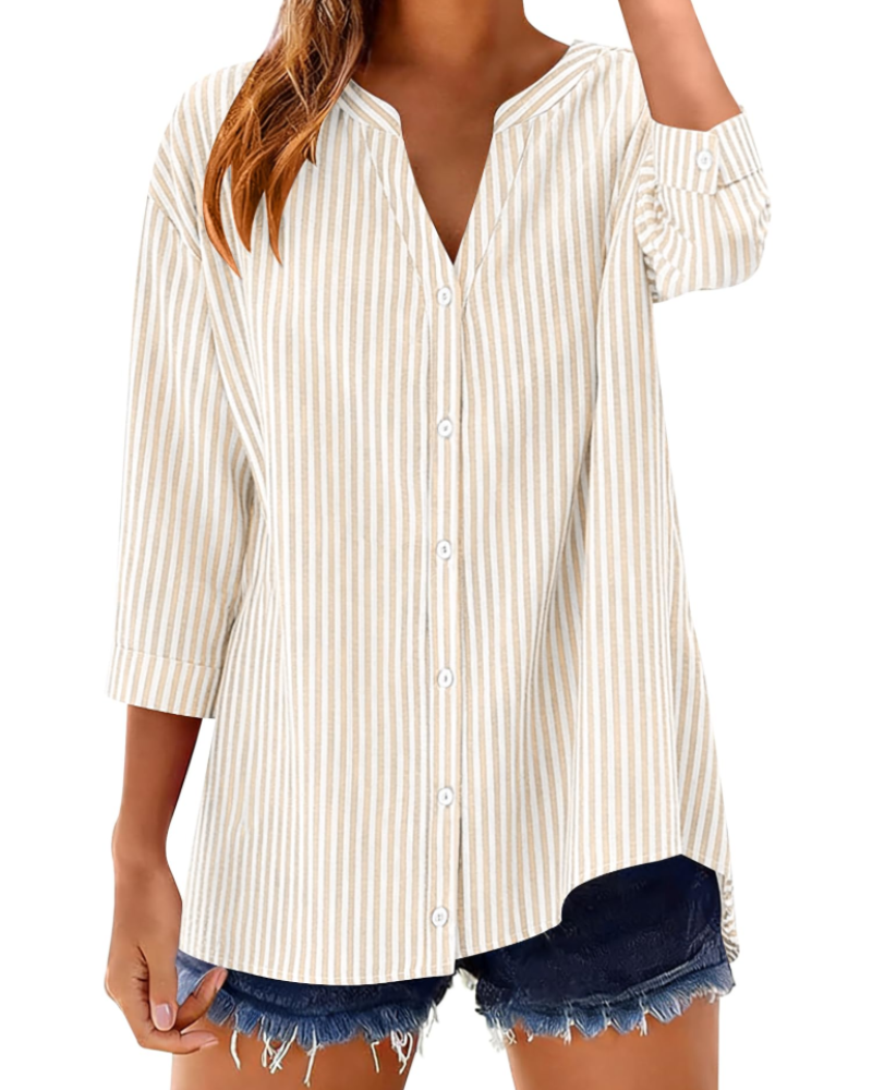 Sophie Women's Cotton Button Down Blouse – V-Neck 3/4 Sleeve Shirt for Work