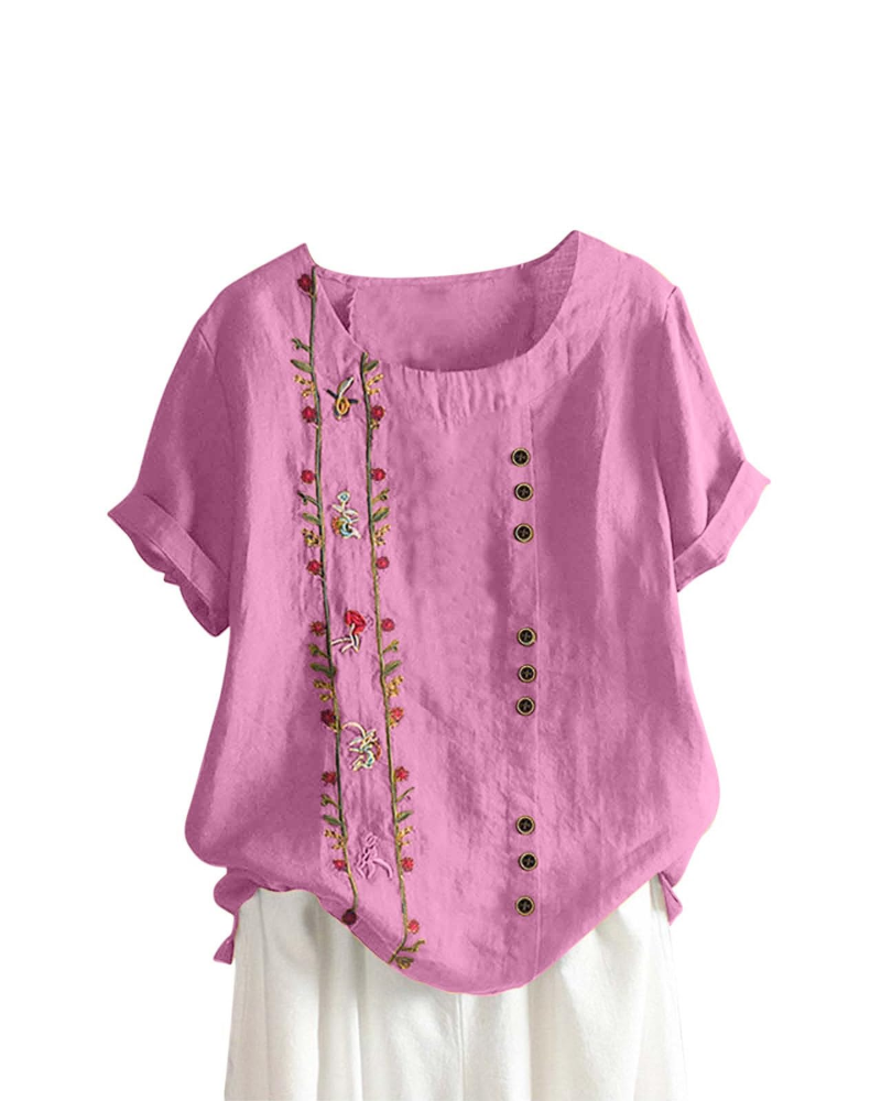 Brooke Women's Floral Blouse – Cotton Linen Relaxed Fit Short Sleeve Summer Top