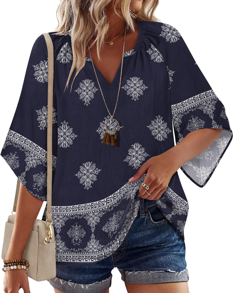Carmen Boho Women’s Tunic Blouse – V-Neck Flowy Floral Top Summer Casual Fit