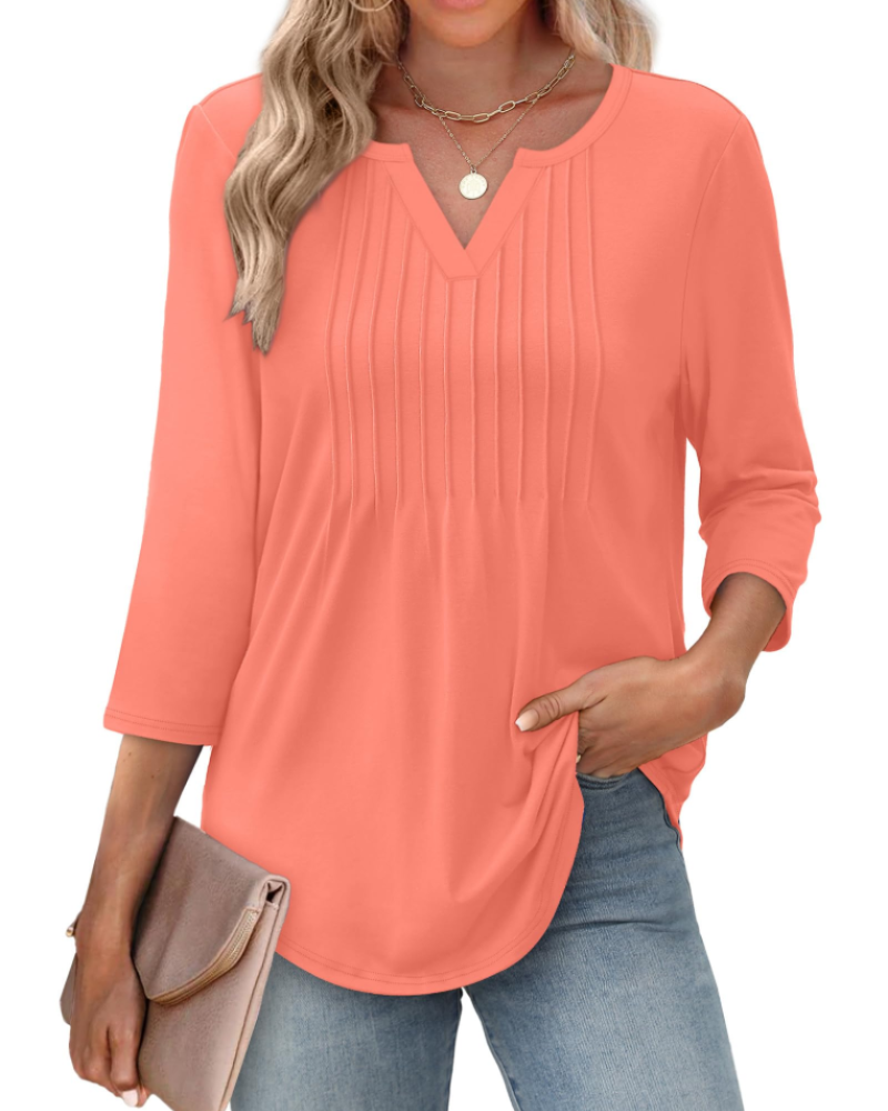 Aubrey Women’s V-Neck Blouse – 3/4 Sleeve Pleated Front Casual Summer Top