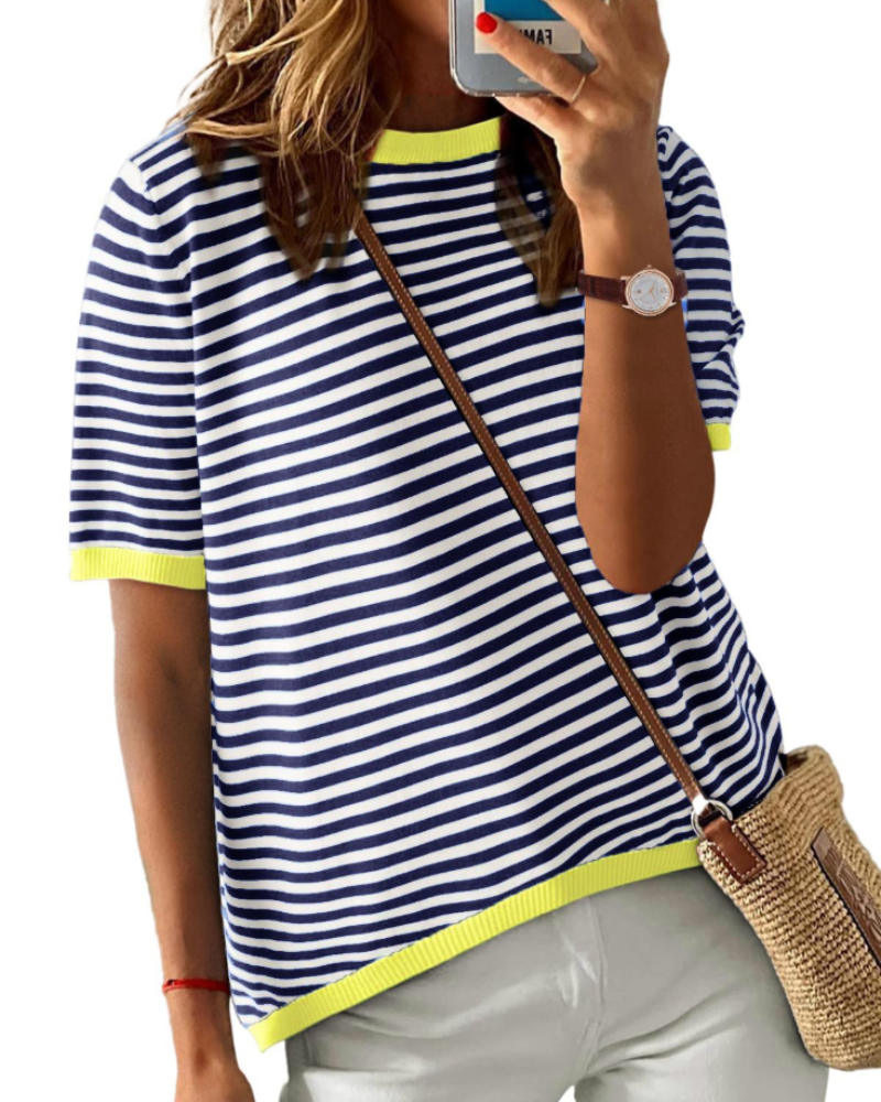 Ainsley Women's Striped Knit Top – Round Neck Short Sleeve Relaxed Fit Casual Shirt
