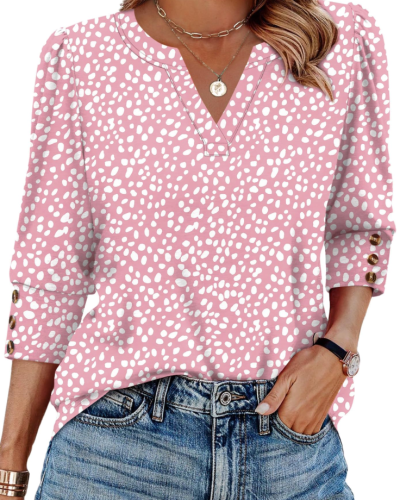Claire Women's V-Neck Blouse – 3/4 Sleeve Button Cuff Top for Office and Casual Wear
