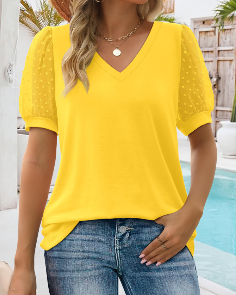 Sophie Women’s Swiss Dot Blouse – V-Neck Puff Sleeve Casual Elegant Top