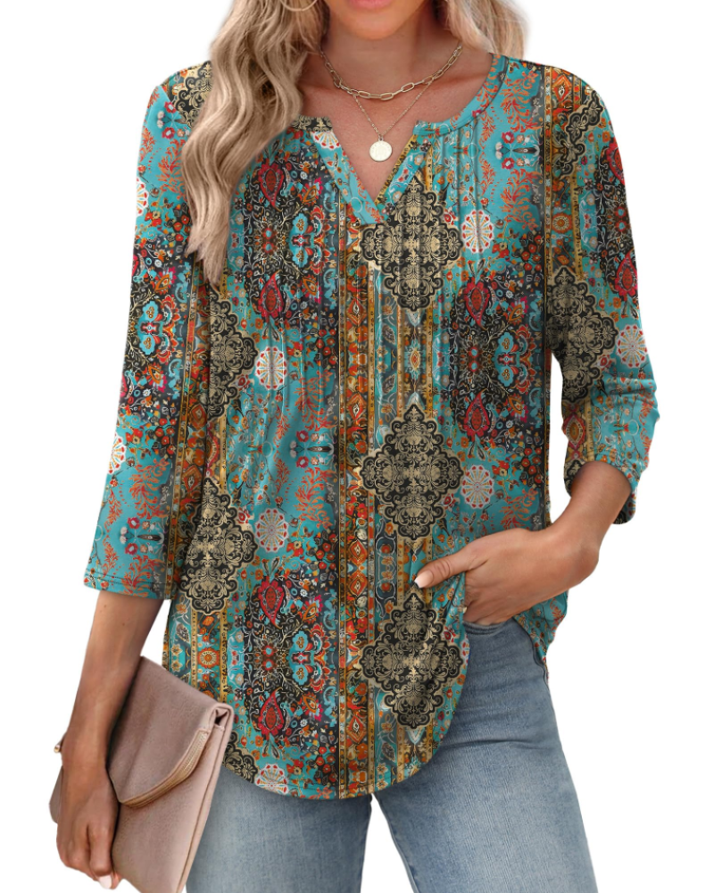 Aubrey Women’s V-Neck Blouse – 3/4 Sleeve Pleated Front Casual Summer Top