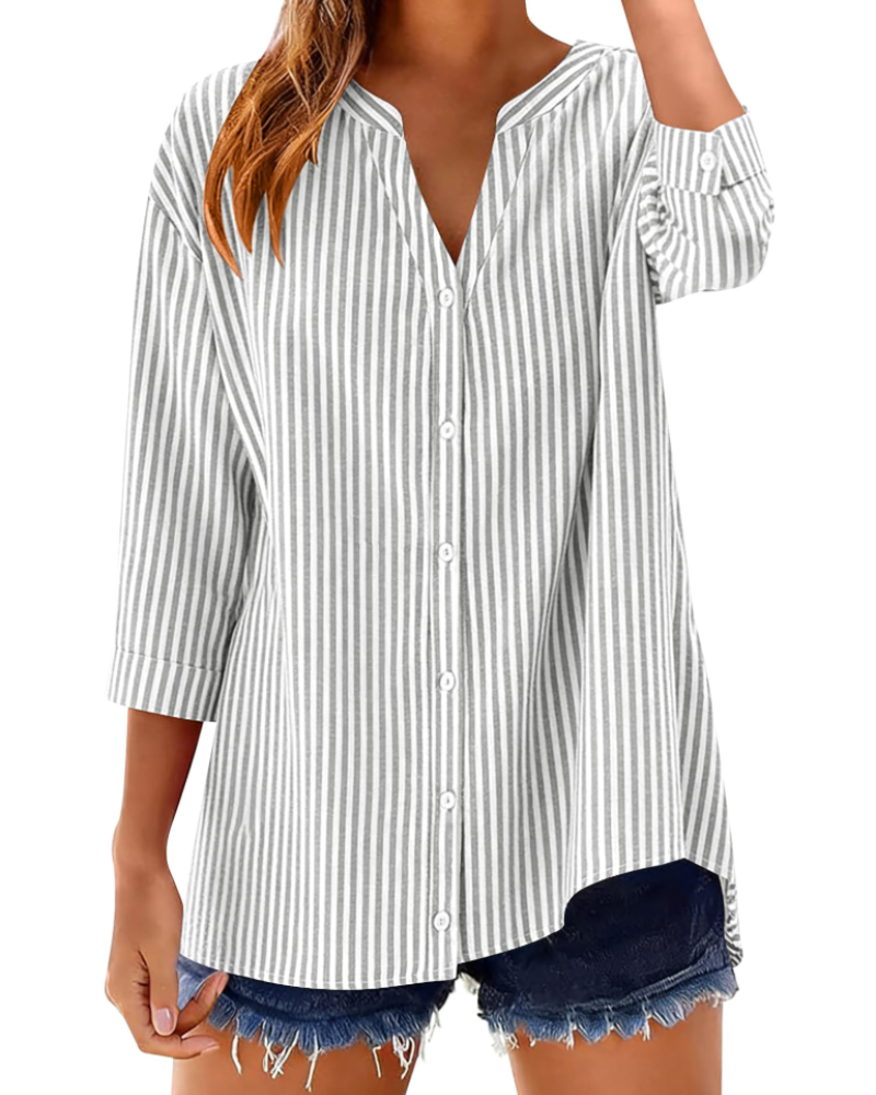 Sophie Women's Cotton Button Down Blouse – V-Neck 3/4 Sleeve Shirt for Work