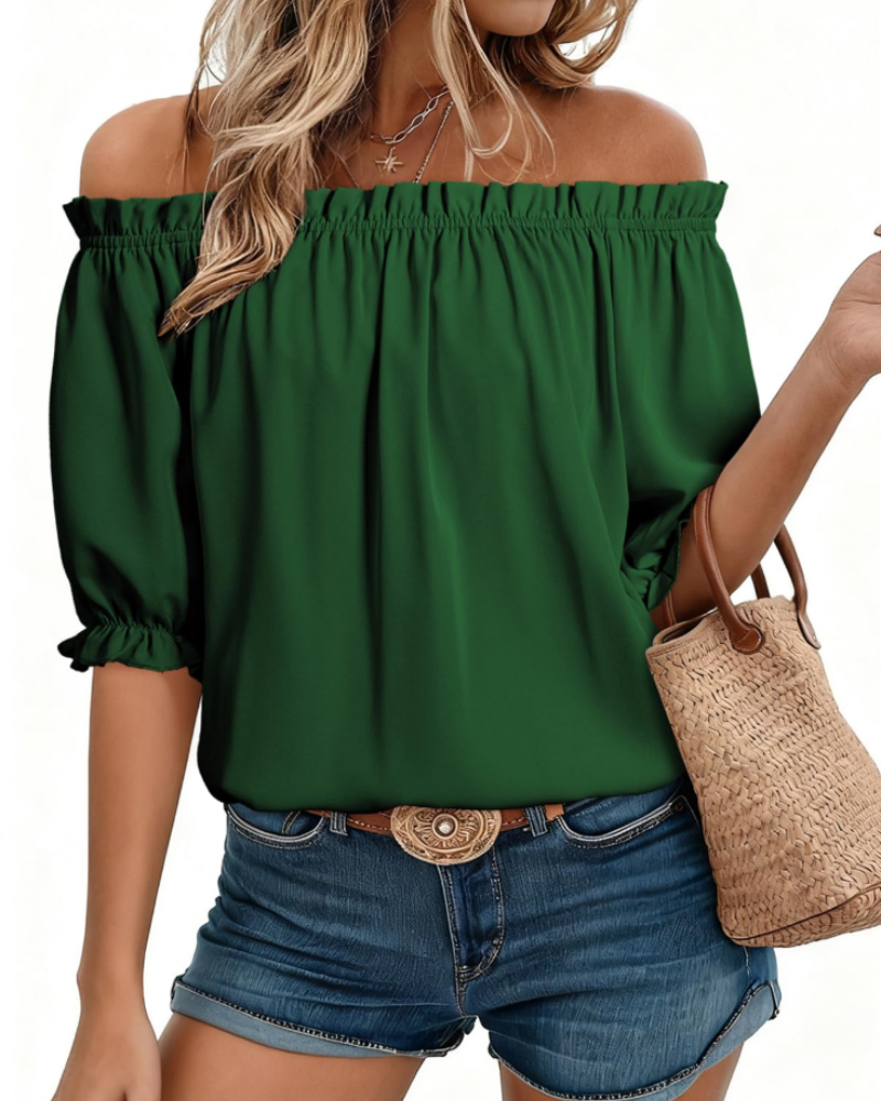 Sophia Women's Off-Shoulder Blouse – Puff Sleeve Boat Neck Top for Work and Casual Wear