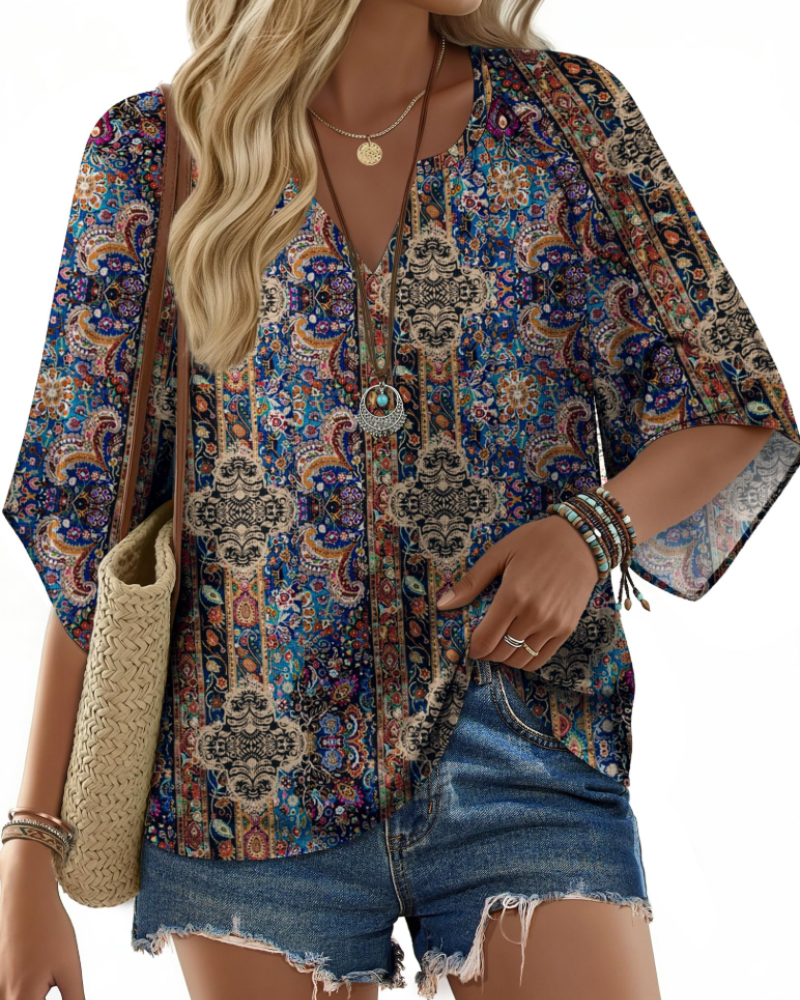 Carmen Boho Women’s Tunic Blouse – V-Neck Flowy Floral Top Summer Casual Fit