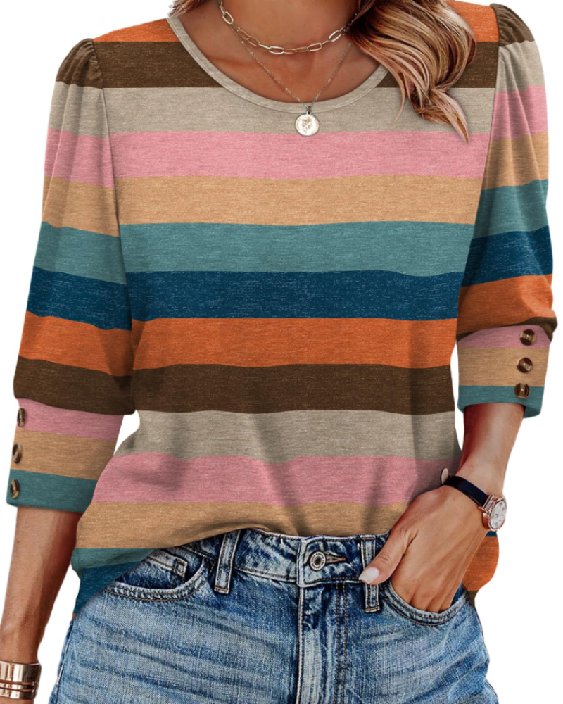 Bella Women’s Button Blouse – 3/4 Sleeve Crew Neck Relaxed Fit Casual Top