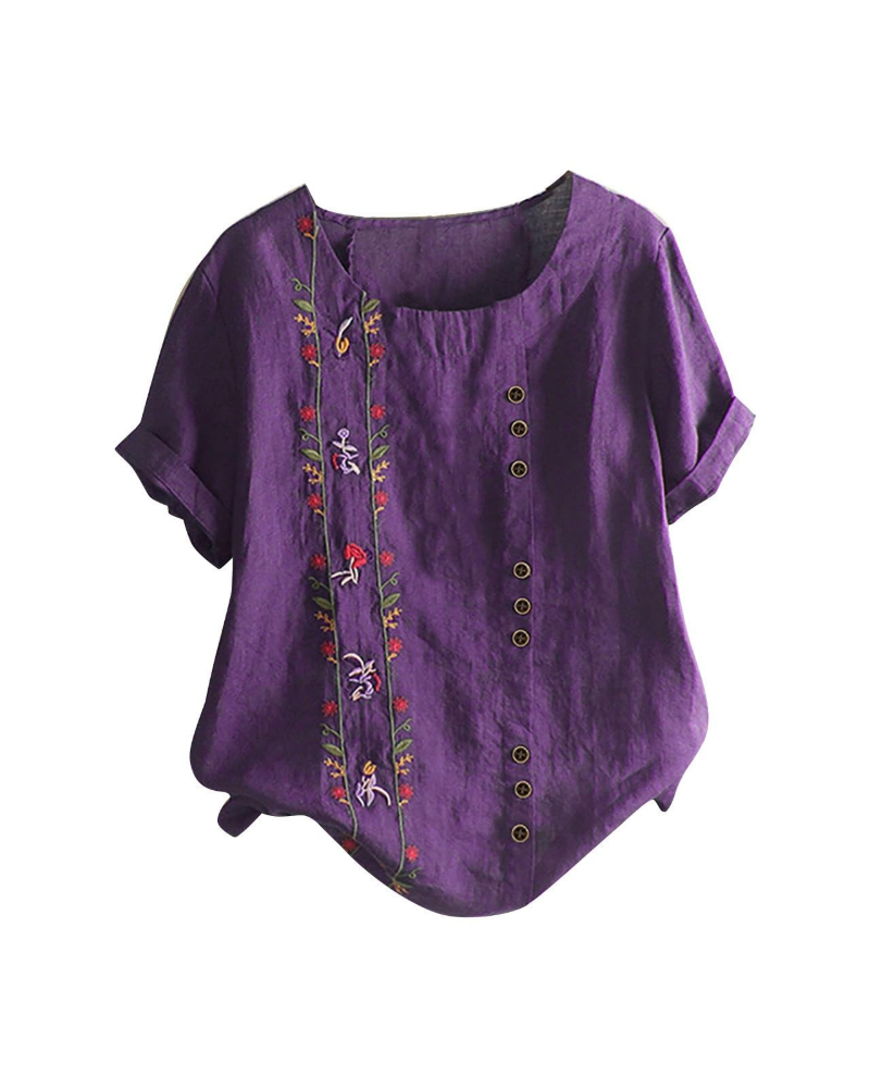 Brooke Women's Floral Blouse – Cotton Linen Relaxed Fit Short Sleeve Summer Top