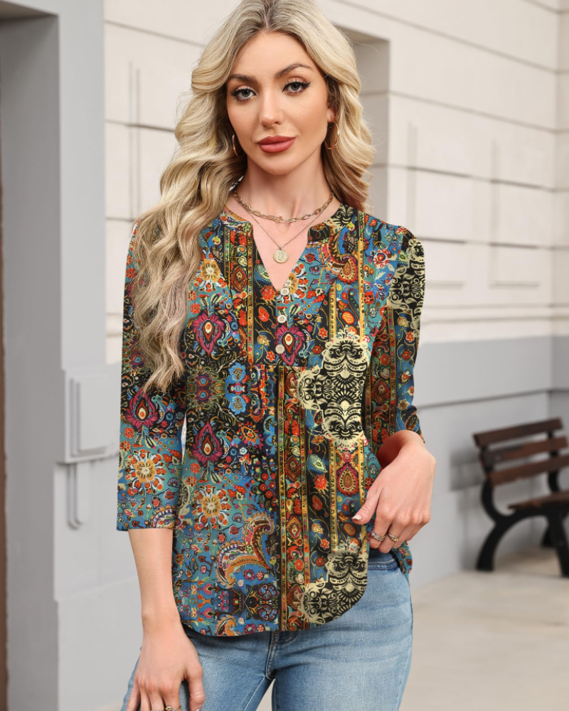 Isla Women’s Boho Blouse – V-Neck 3/4 Sleeve Pleated Casual Summer Top