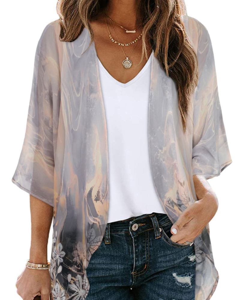 Lauren Women's Floral Kimono Cardigan – Lightweight Chiffon Open Front Beach Cover-Up