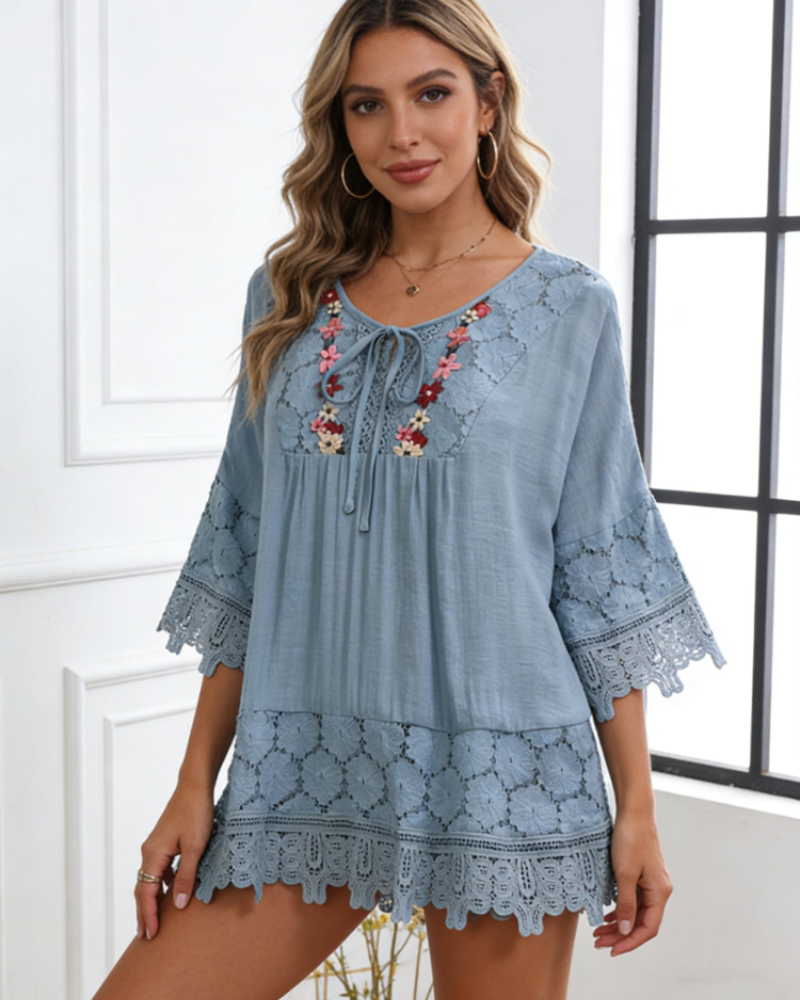 Savannah Women’s Boho Blouse – Embroidered V-Neck Lace Trim Bell Sleeve Top
