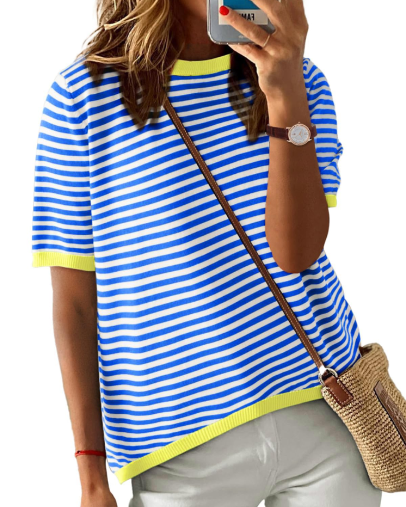 Ainsley Women's Striped Knit Top – Round Neck Short Sleeve Relaxed Fit Casual Shirt
