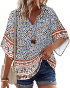 Carmen Boho Women’s Tunic Blouse – V-Neck Flowy Floral Top Summer Casual Fit
