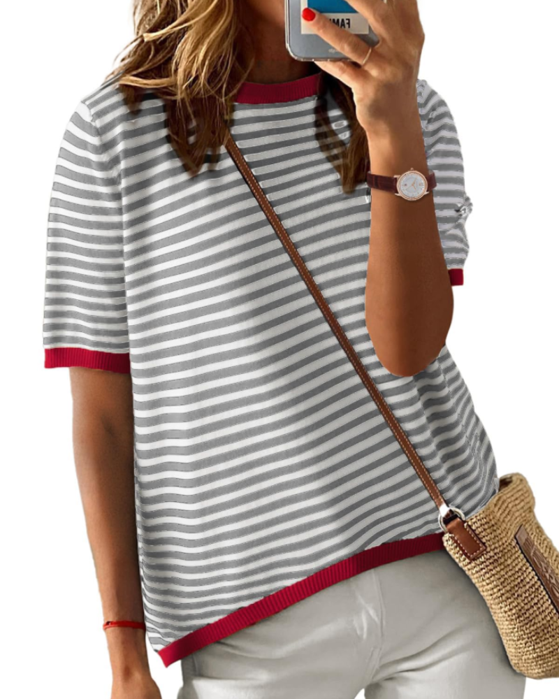 Ainsley Women's Striped Knit Top – Round Neck Short Sleeve Relaxed Fit Casual Shirt