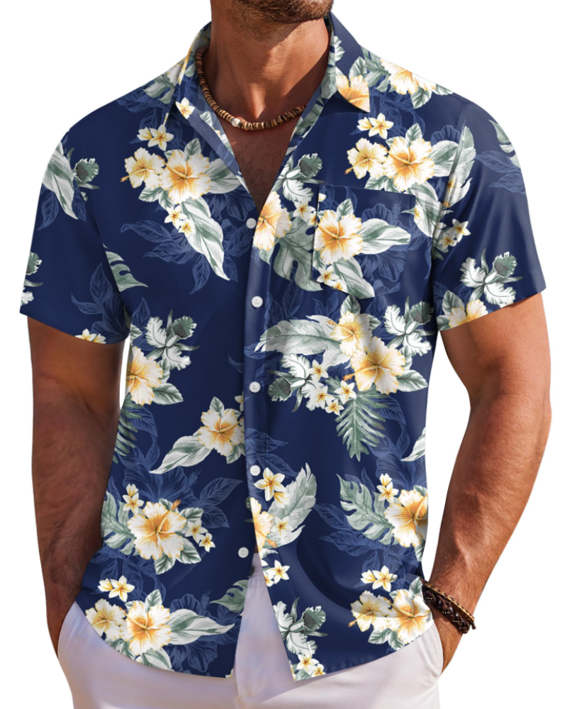 Jake Men's Hawaiian Shirt – Tropical Button Down Shirt with Chest Pocket for Summer