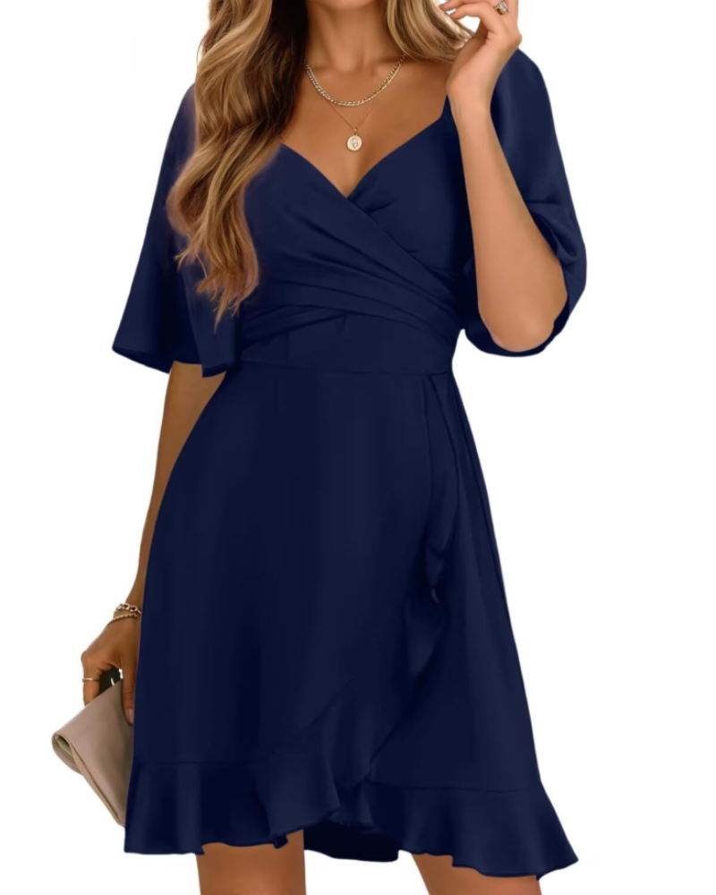 Ava Women's Wrap Mini Dress – V-Neck Ruffle Hem Dress for Weddings and Summer