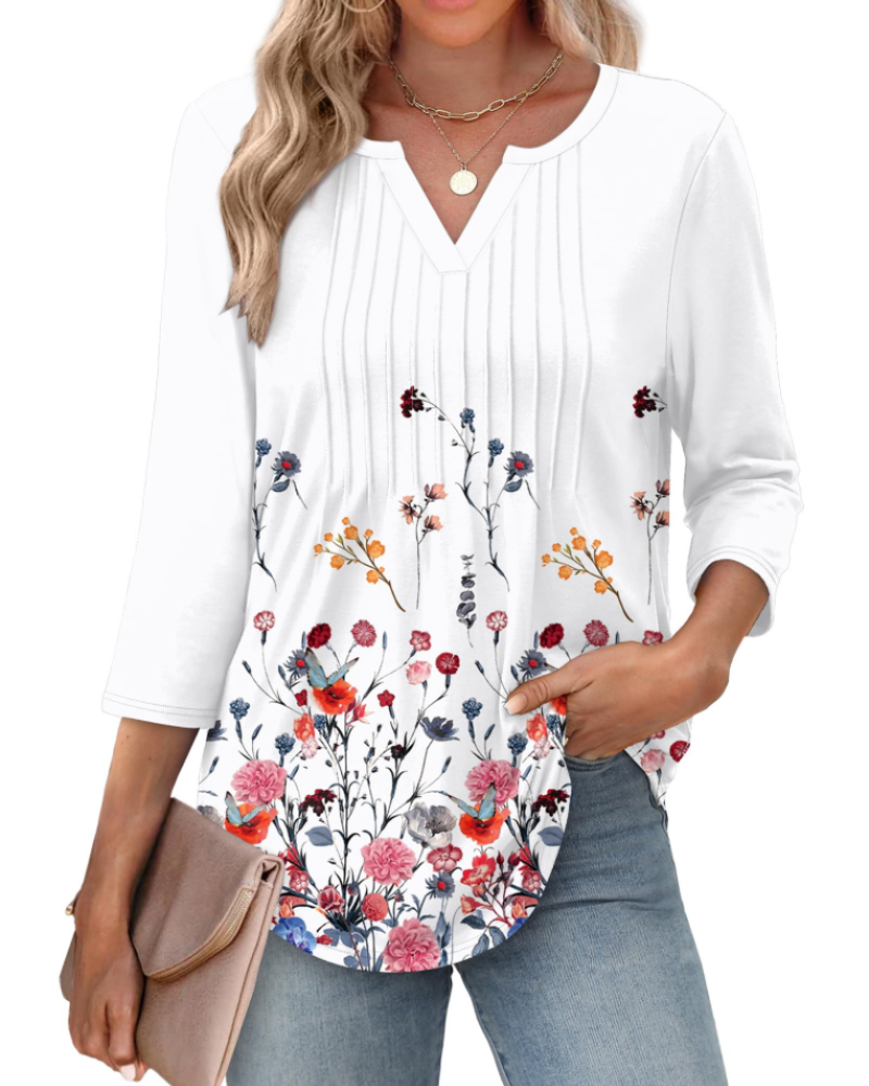 Aubrey Women’s V-Neck Blouse – 3/4 Sleeve Pleated Front Casual Summer Top