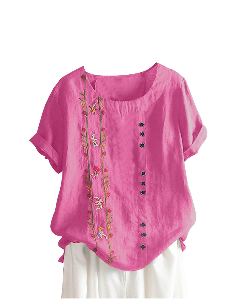 Brooke Women's Floral Blouse – Cotton Linen Relaxed Fit Short Sleeve Summer Top