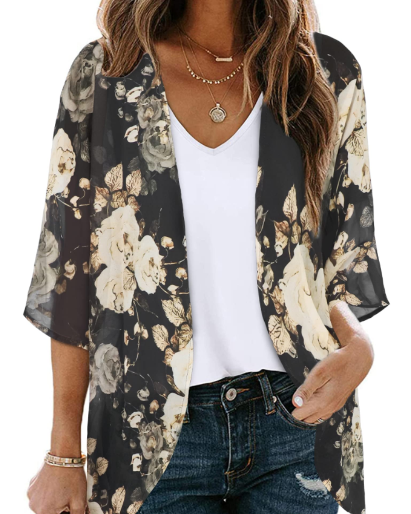 Lauren Women's Floral Kimono Cardigan – Lightweight Chiffon Open Front Beach Cover-Up
