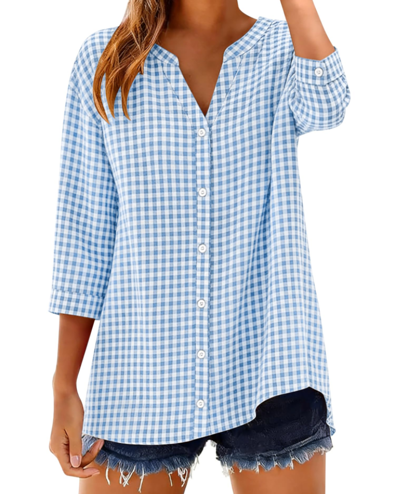 Sophie Women's Cotton Button Down Blouse – V-Neck 3/4 Sleeve Shirt for Work