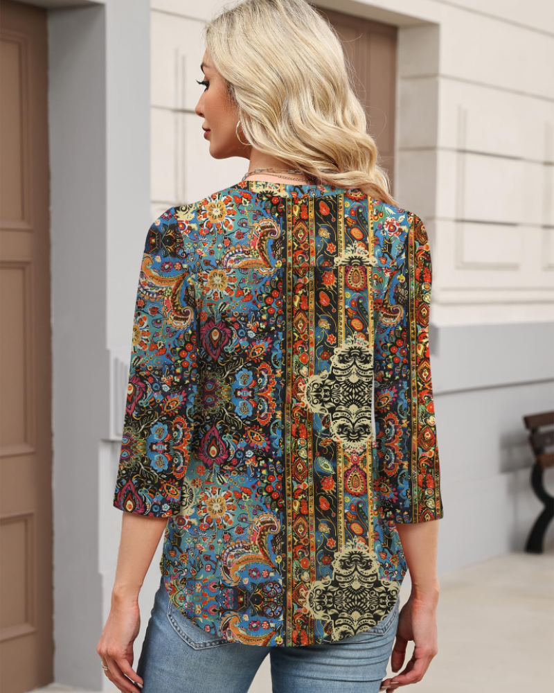 Isla Women’s Boho Blouse – V-Neck 3/4 Sleeve Pleated Casual Summer Top
