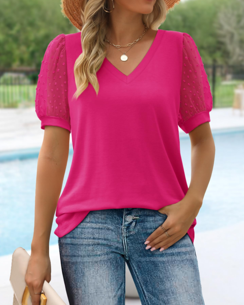 Sophie Women’s Swiss Dot Blouse – V-Neck Puff Sleeve Casual Elegant Top