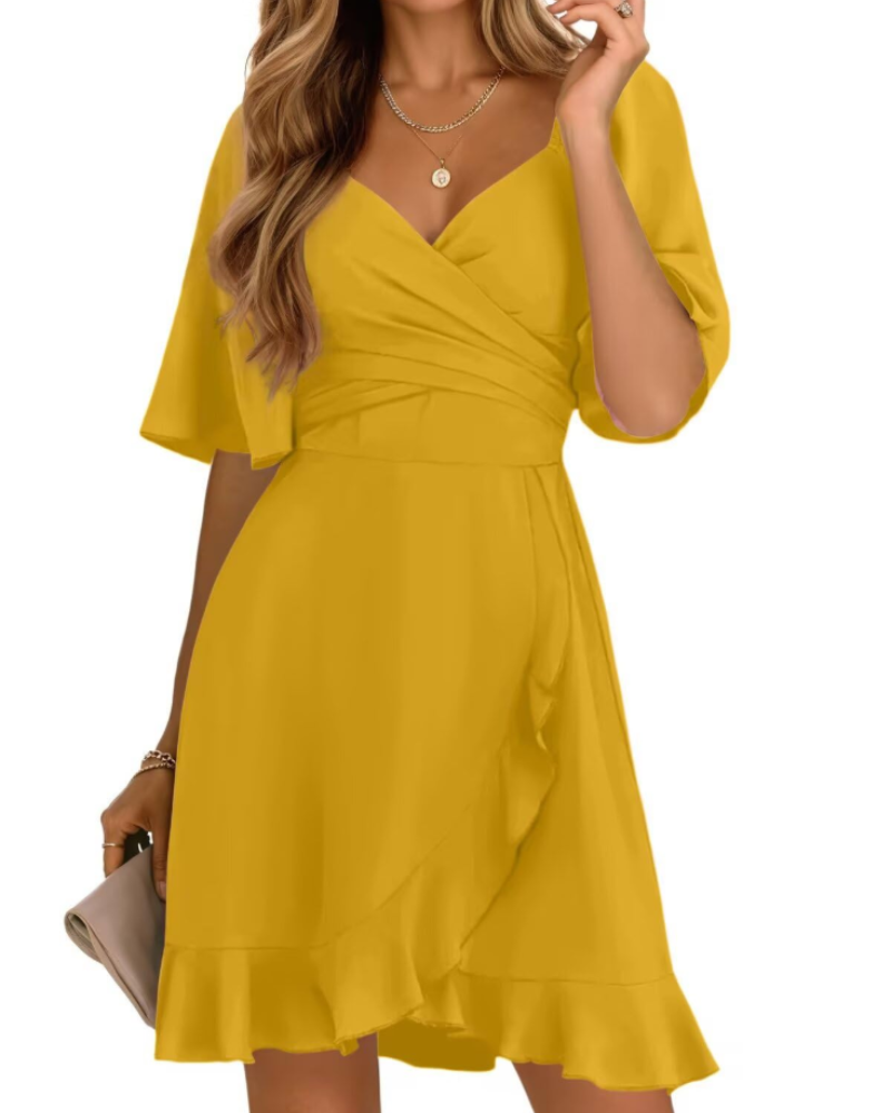 Ava Women's Wrap Mini Dress – V-Neck Ruffle Hem Dress for Weddings and Summer