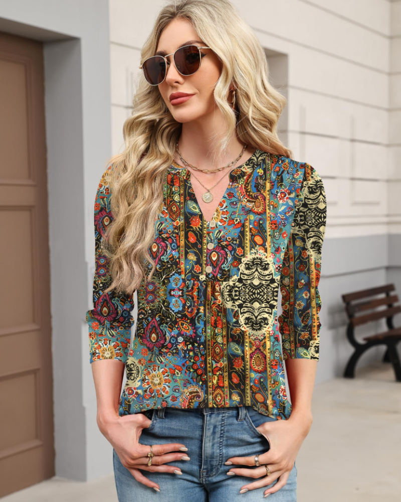 Isla Women’s Boho Blouse – V-Neck 3/4 Sleeve Pleated Casual Summer Top