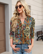 Isla Women’s Boho Blouse – V-Neck 3/4 Sleeve Pleated Casual Summer Top