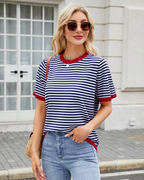 Ainsley Women's Striped Knit Top – Round Neck Short Sleeve Relaxed Fit Casual Shirt
