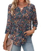 Aubrey Women’s V-Neck Blouse – 3/4 Sleeve Pleated Front Casual Summer Top