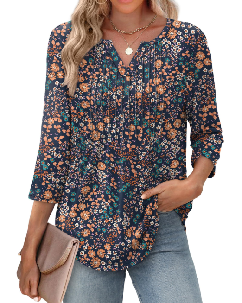 Aubrey Women’s V-Neck Blouse – 3/4 Sleeve Pleated Front Casual Summer Top