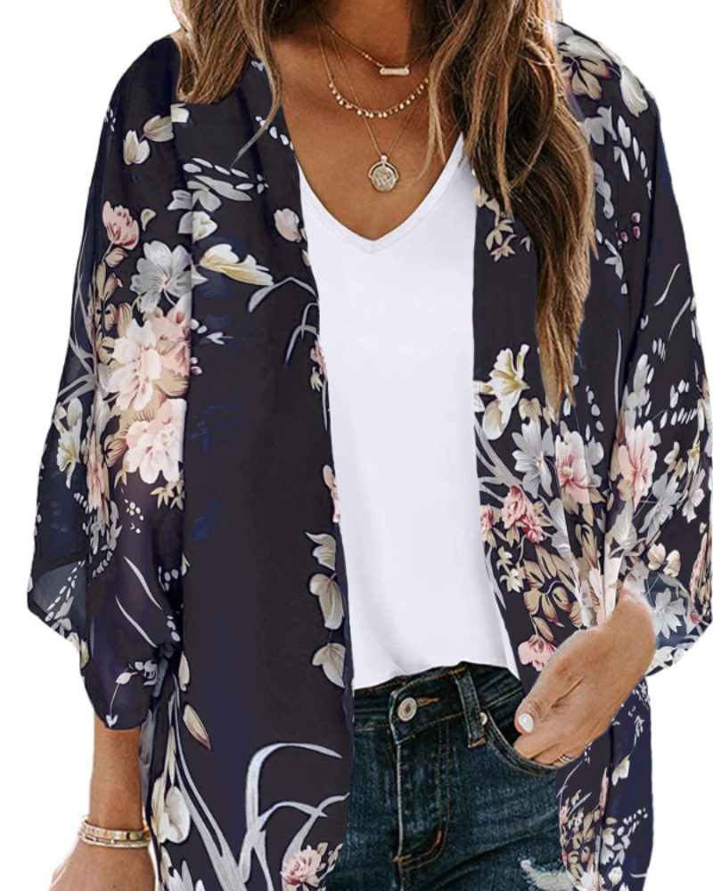 Lauren Women's Floral Kimono Cardigan – Lightweight Chiffon Open Front Beach Cover-Up