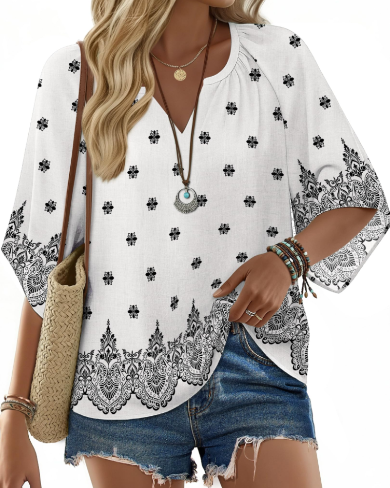 Carmen Boho Women’s Tunic Blouse – V-Neck Flowy Floral Top Summer Casual Fit