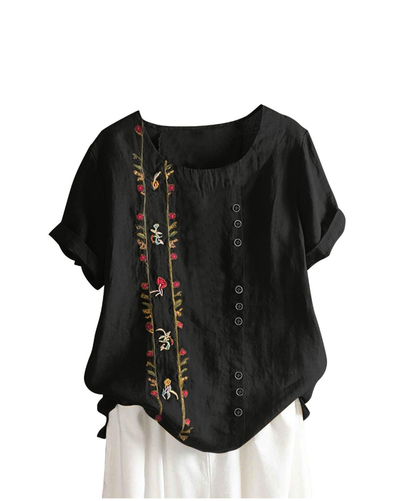 Brooke Women's Floral Blouse – Cotton Linen Relaxed Fit Short Sleeve Summer Top