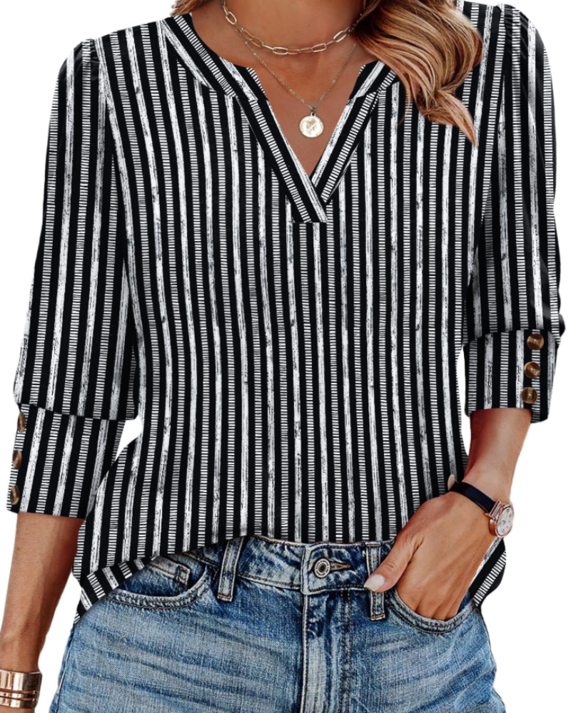 Claire Women's V-Neck Blouse – 3/4 Sleeve Button Cuff Top for Office and Casual Wear