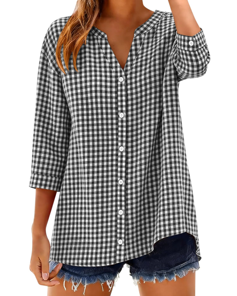 Sophie Women's Cotton Button Down Blouse – V-Neck 3/4 Sleeve Shirt for Work