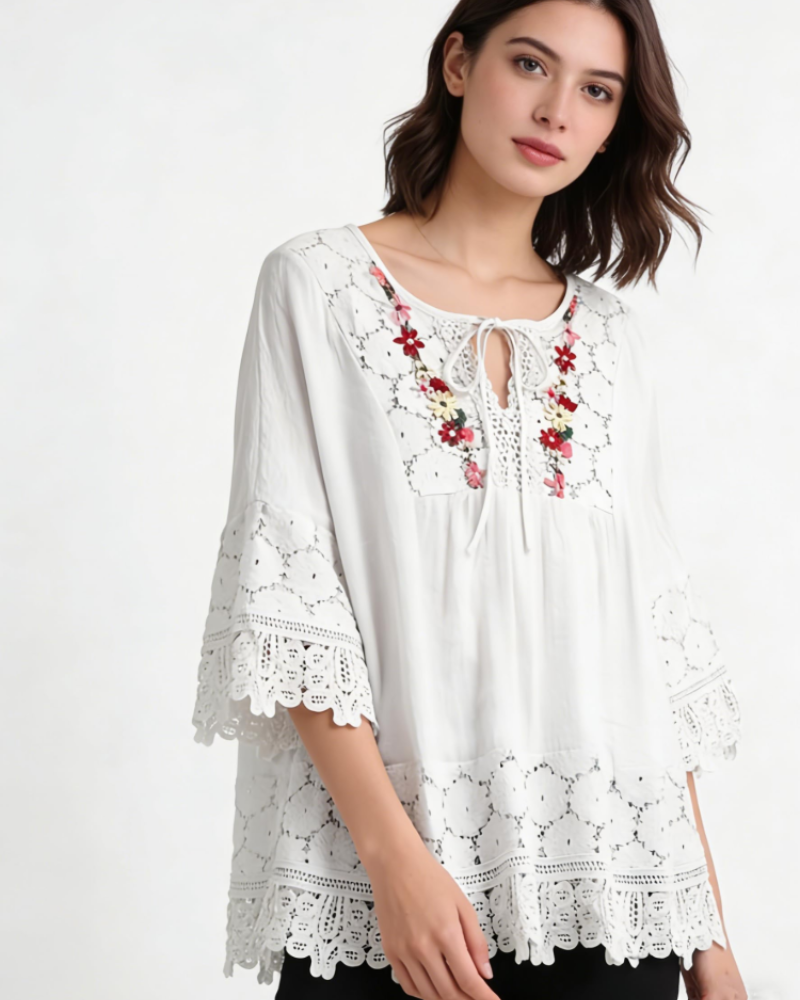 Savannah Women’s Boho Blouse – Embroidered V-Neck Lace Trim Bell Sleeve Top