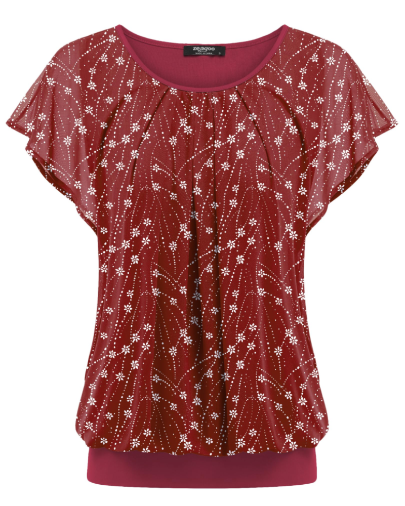 Sophia Women's Double Layer Blouse – Mesh Overlay Batwing Sleeve Tunic Top