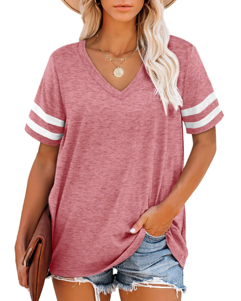 Chloe Women's V-Neck T-Shirt – Striped Short Sleeve Top for Casual Summer Wear