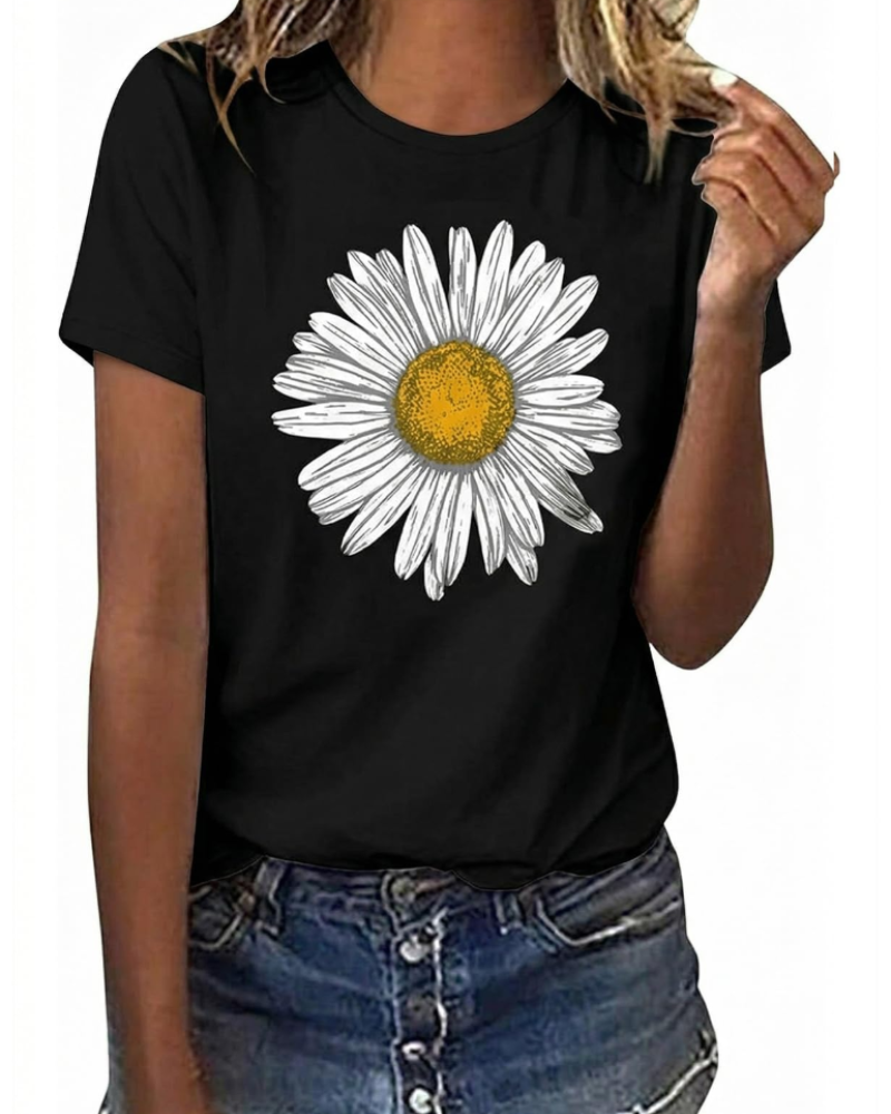 Emily Women's Cotton Graphic T-Shirt – Sunflower Daisy Crew Neck Tee for Summer