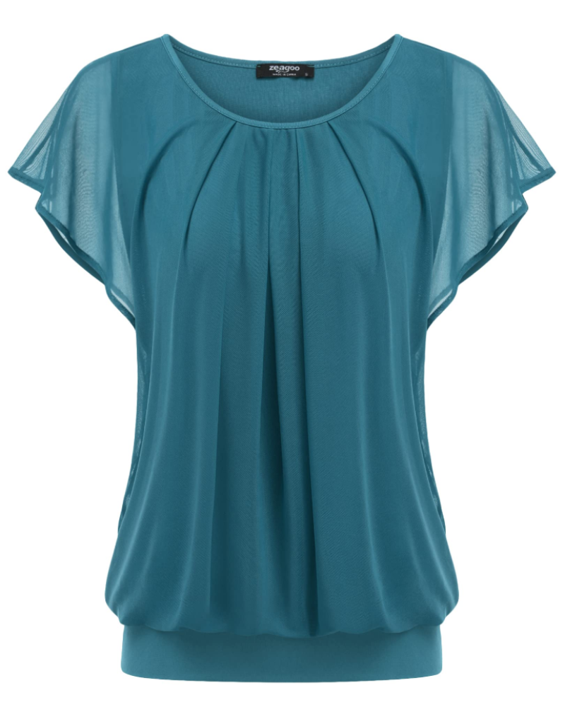 Sophia Women's Double Layer Blouse – Mesh Overlay Batwing Sleeve Tunic Top