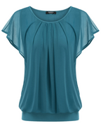 Sophia Women's Double Layer Blouse – Mesh Overlay Batwing Sleeve Tunic Top