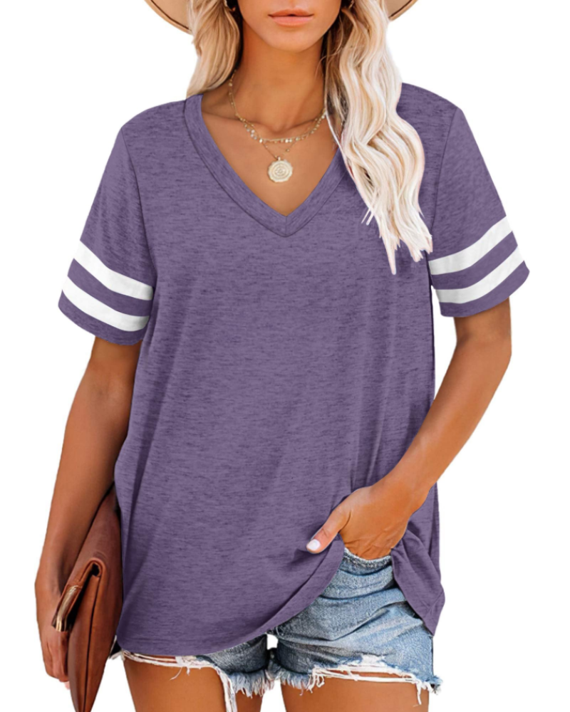 Chloe Women's V-Neck T-Shirt – Striped Short Sleeve Top for Casual Summer Wear