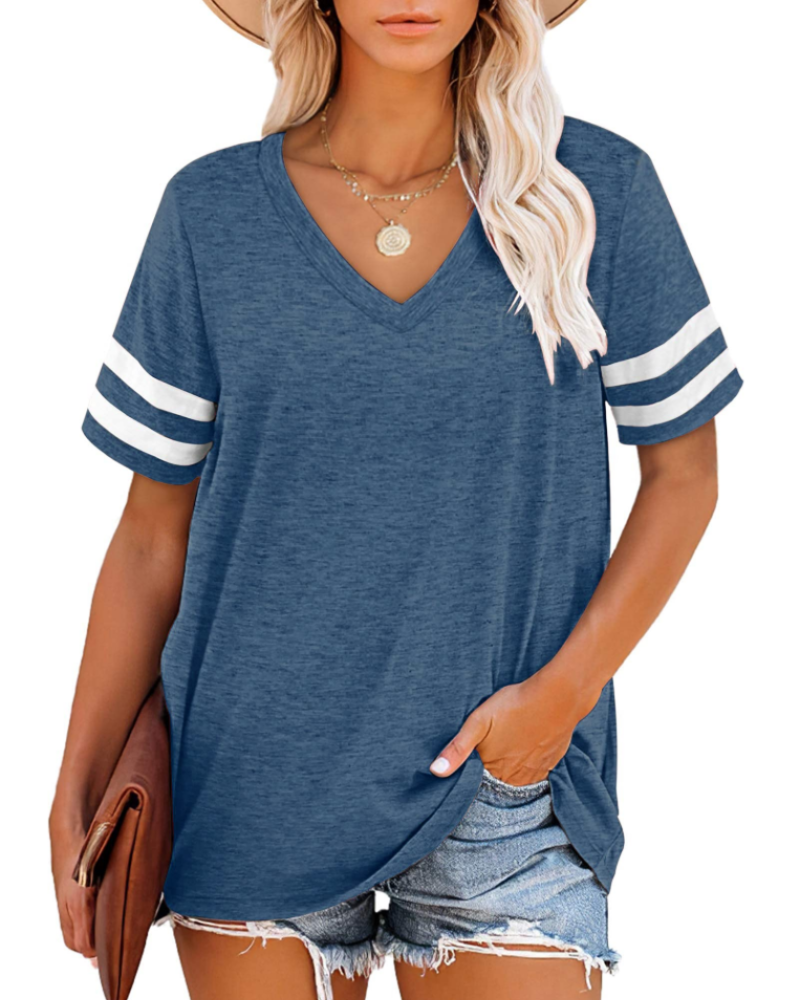 Chloe Women's V-Neck T-Shirt – Striped Short Sleeve Top for Casual Summer Wear
