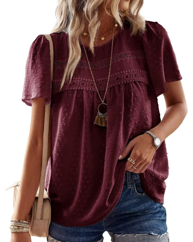 Grace Women's Boho Blouse – Lace Short Sleeve Tunic Top for Vacation and Summer